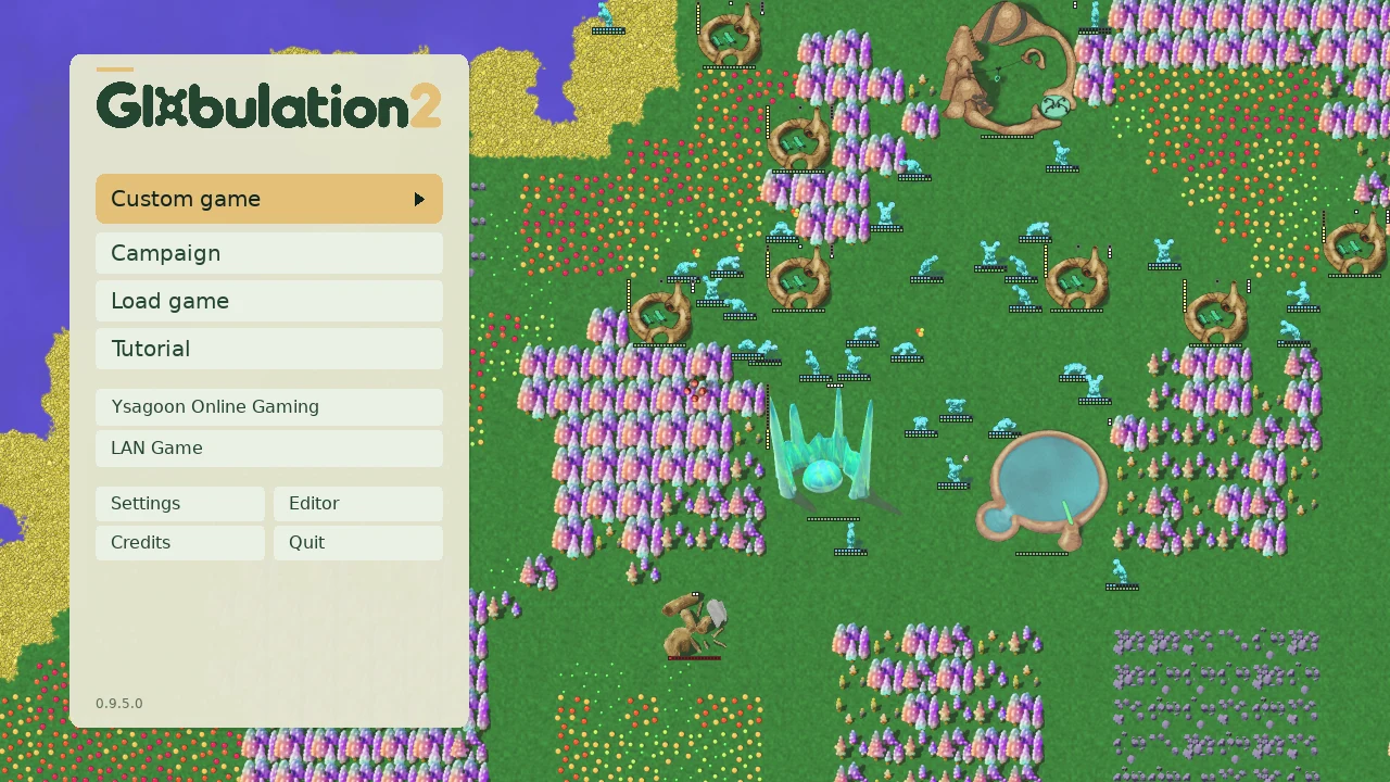 Globulation 2 game menu and a colony of turquoise globs surrounded by food, trees and buildings